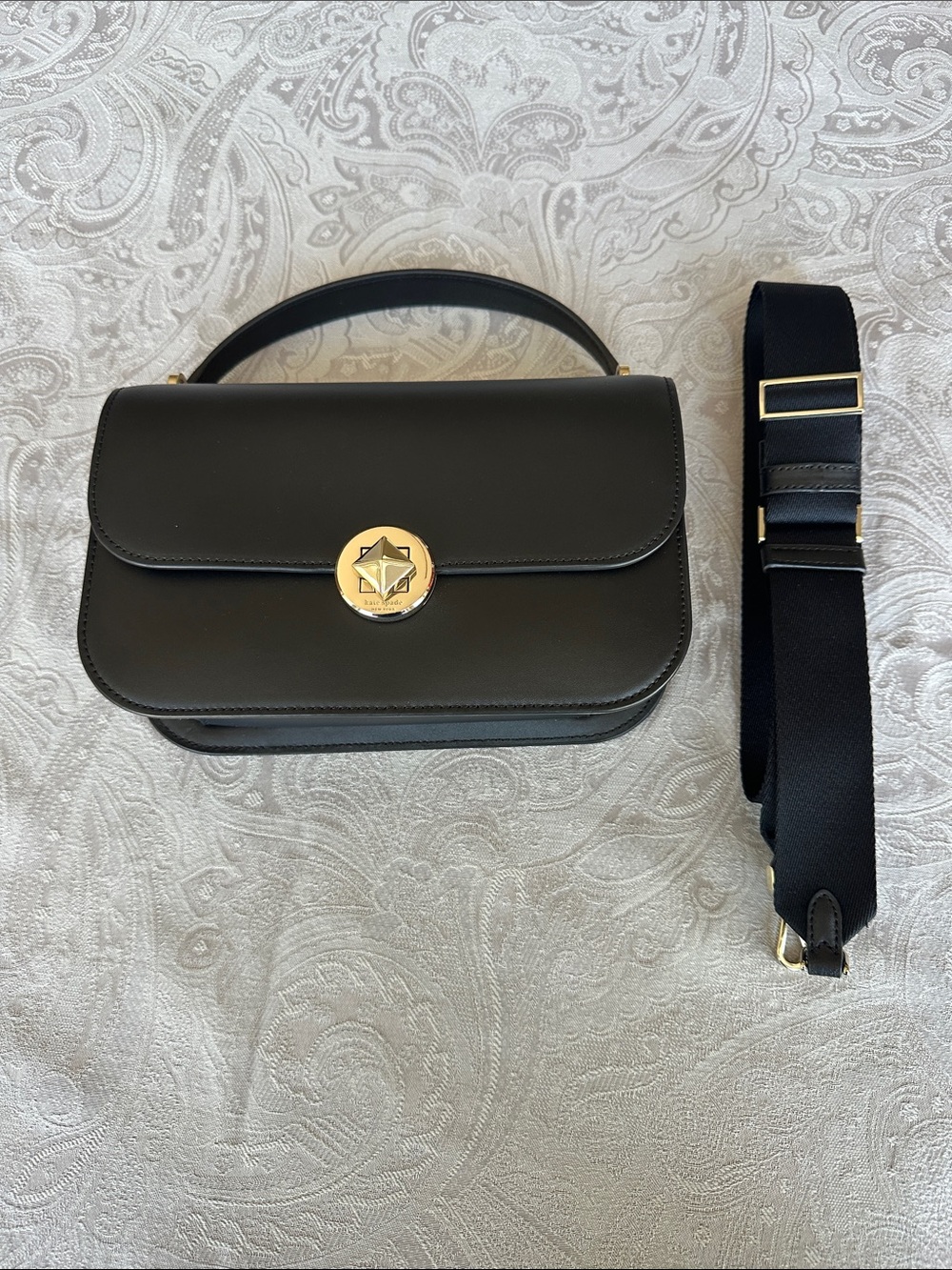 kate spade Black Leather Crossbody with Gold Medallion